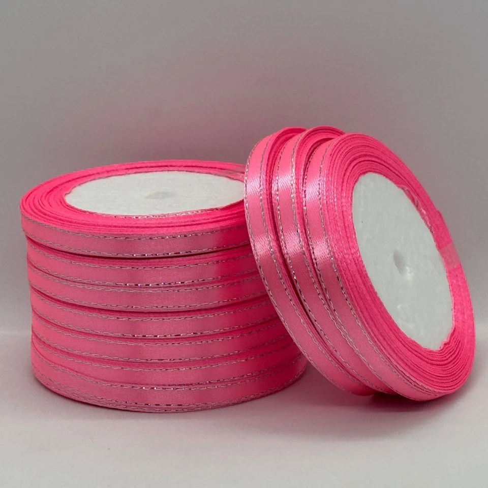 Атласна стрічка з люрекс 0,6 см+срібло (22.75 м.), 05 рожевий