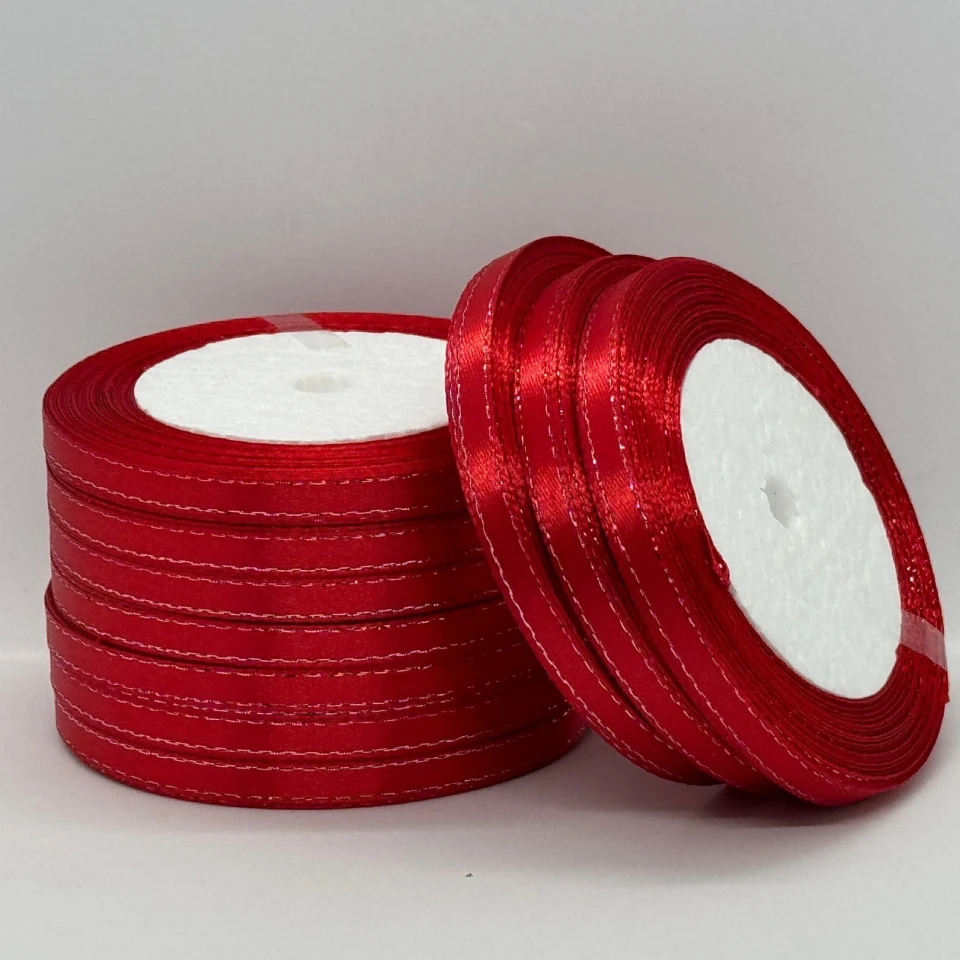 Атласна стрічка з люрекс 0,6 см+срібло (22.75 м.), 163 червоний