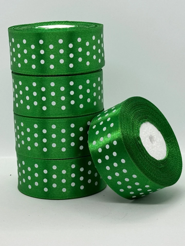 Атласная лента в горошек 4 см (33 м.), 19 зелений + білий