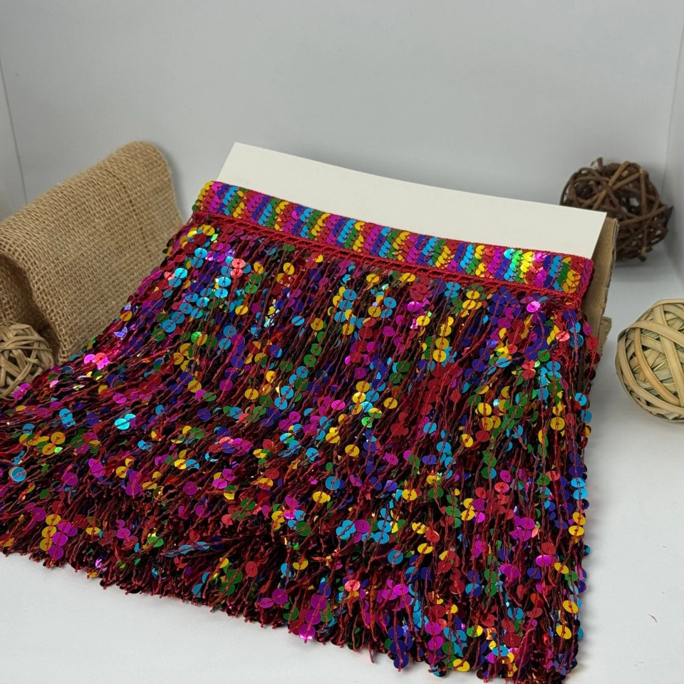 Бахрома танцевальная с пайетками «Сердце танца» 16 см (9.1 метр), 11 кольоровий червоний