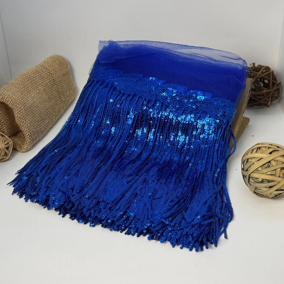Бахрома танцевальная с пайетками на сетке «Искры страсти» 20 см (9.1 метр), 15 синій