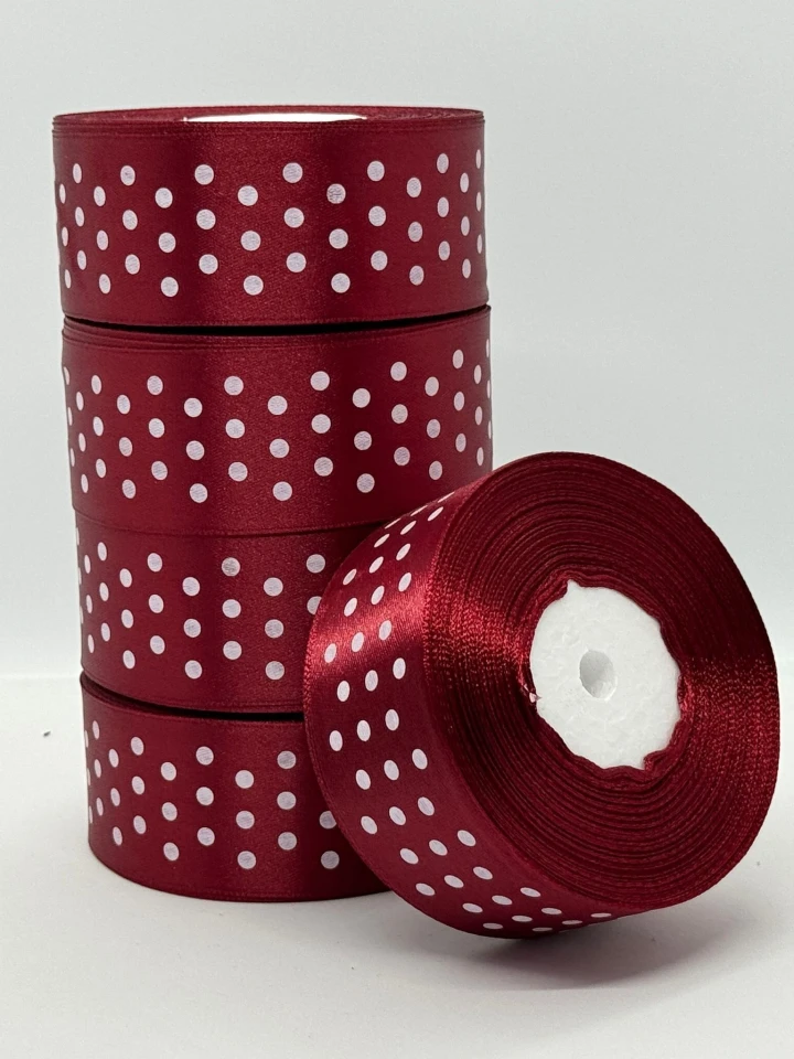 Атласная лента в горошек 4 см (33 м.), 48 бордовий + білий