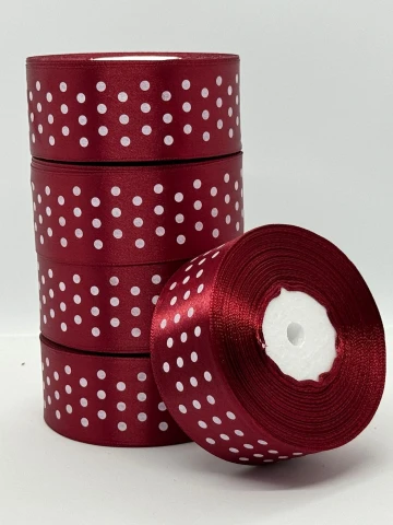 Атласная лента в горошек 4 см (33 м.), 48 бордовий + білий