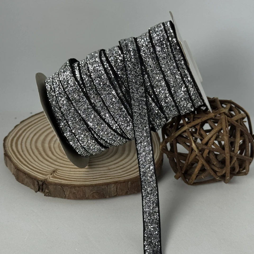 Бархатистая лента люрекс 1 см (25 ярдов/22,75 м.), 17 срібло + чорний