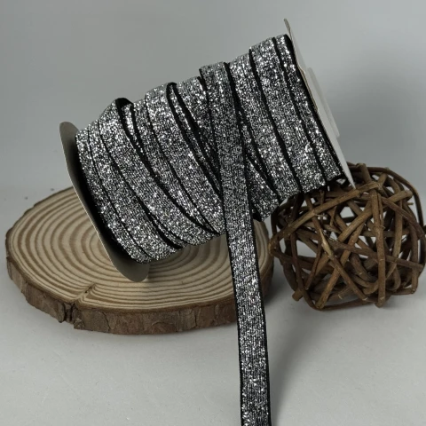 Бархатистая лента люрекс 1 см (25 ярдов/22,75 м.), 17 срібло + чорний