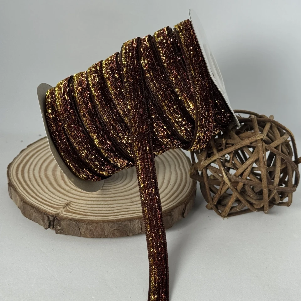 Оксамитова стрічка люрекс 1 см (25 ярдів/22,75 м.), 31 коричневий + золото