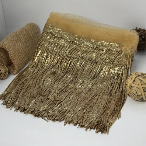 Бахрома танцевальная с пайетками на сетке «Искры страсти» 20 см (9.1 метр), 6 гірчичний