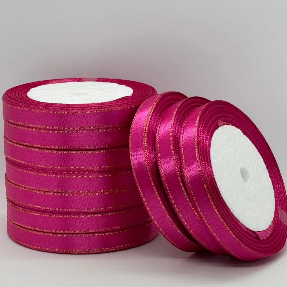 Атласная лента с люрекс 1 см+золото (22.75 м), 27 малиновий