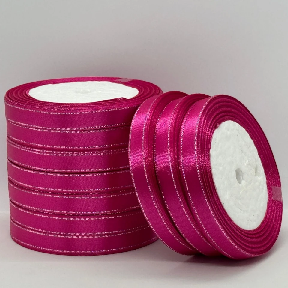Атласна стрічка з люрекс 1 см+срібло (22.75 м), 27 малиновий