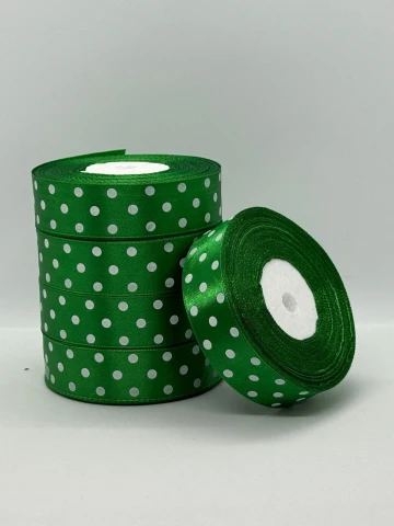 Атласная лента в горох 2.5 см (33 м.), 19 зелений + білий