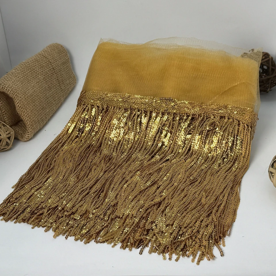 Бахрома танцевальная с пайетками на сетке «Искры страсти» 20 см (9.1 метр), 7 світло коричневий