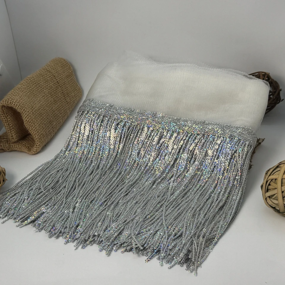 Бахрома танцевальная с пайетками на сетке «Искры страсти» 20 см (9.1 метр), 37 срібло АВ