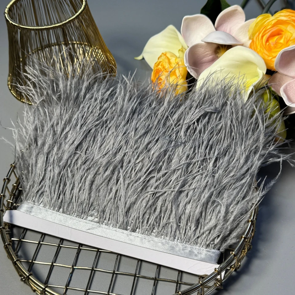 Натуральное перо на тесьме 7-10 см (1 метр), темний сірий