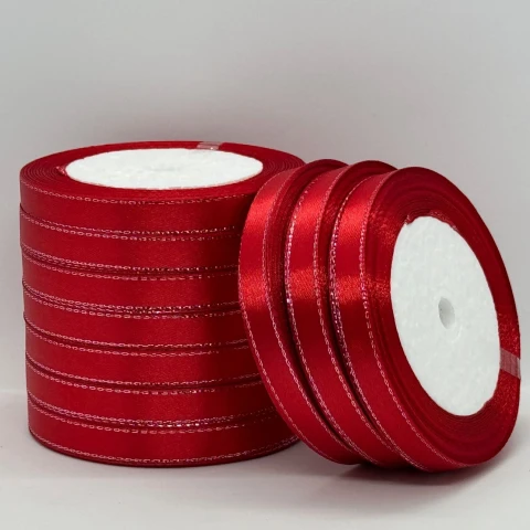 Атласна стрічка з люрекс 1 см+срібло (22.75 м), 163 червоний