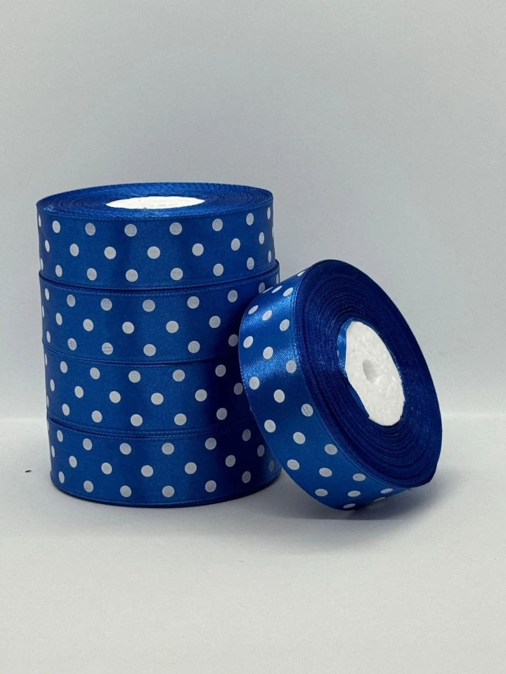 Атласная лента в горох 2.5 см (33 м.), 40 електрик + білий