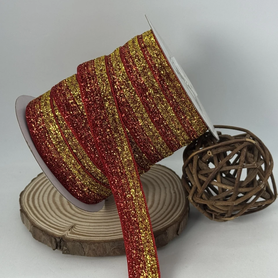 Бархатная лента люрекс 2 см (25 ярдов/22,75 м.), 32 червоний + золото