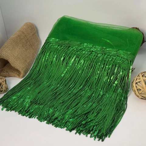 Бахрома танцевальная с пайетками на сетке «Искры страсти» 20 см (9.1 метр), 18 зелений