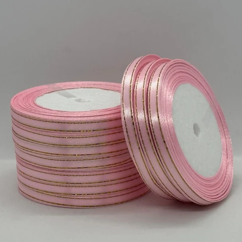 Атласна стрічка з люрекс 0,6 см+золото (22.75 м), 04 світло рожевий