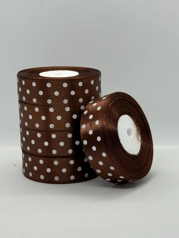 Атласная лента в горох 2.5 см (33 м.), 32 коричневий + білий
