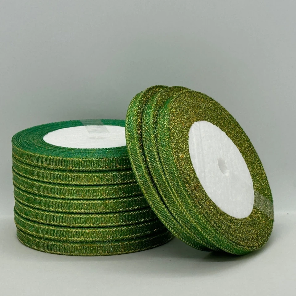 Лента парчовая 0,6 см (25 ярдов/22,75 м.), 19 зелений + золото
