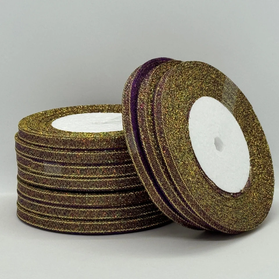 Лента парчовая 0,6 см (25 ярдов/22,75 м.), 46 баклажан + золото