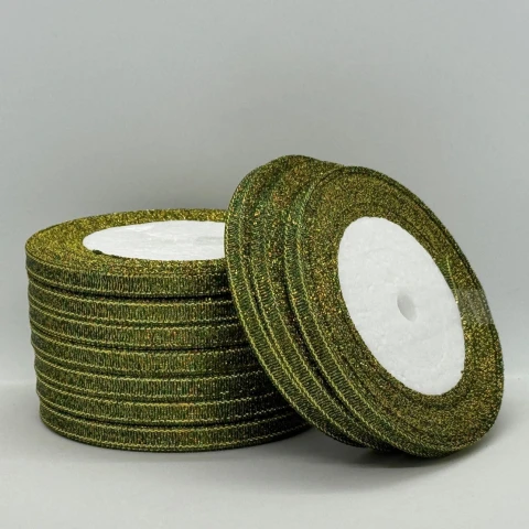 Тасьма парчева 0,6 см (25 ярдів/22,75 м.), 77 темний зелений + золото