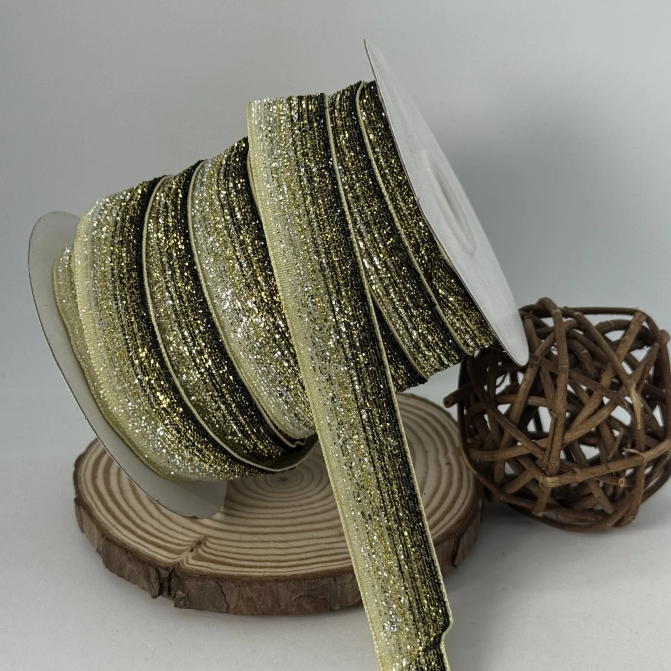 Оксамитова стрічка люрекс 2 см (25 ярдів/22,75 м.), 33 жовтий + чорний +золото + срібло