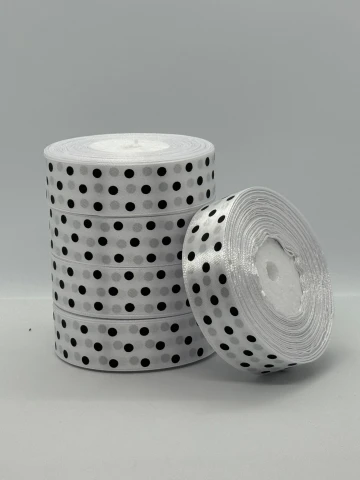 Атласная лента в горох 2.5 см (33 м.), 01 білий + чорний