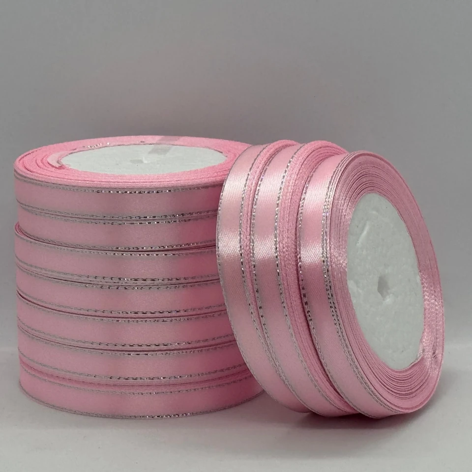 Атласна стрічка з люрекс 1 см+срібло (22.75 м), 04 світло рожевий