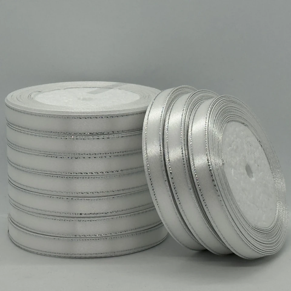 Атласна стрічка з люрекс 1 см+срібло (22.75 м), айворі (білий)