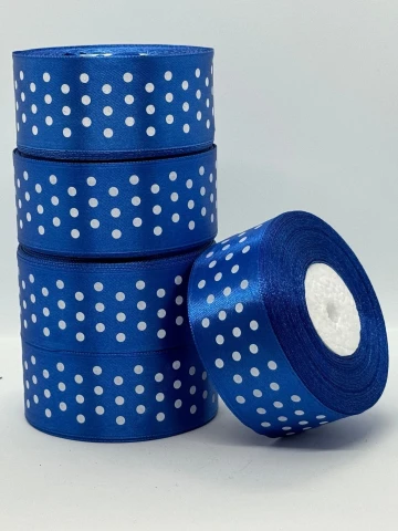 Атласная лента в горошек 4 см (33 м.), 40 електрик + білий