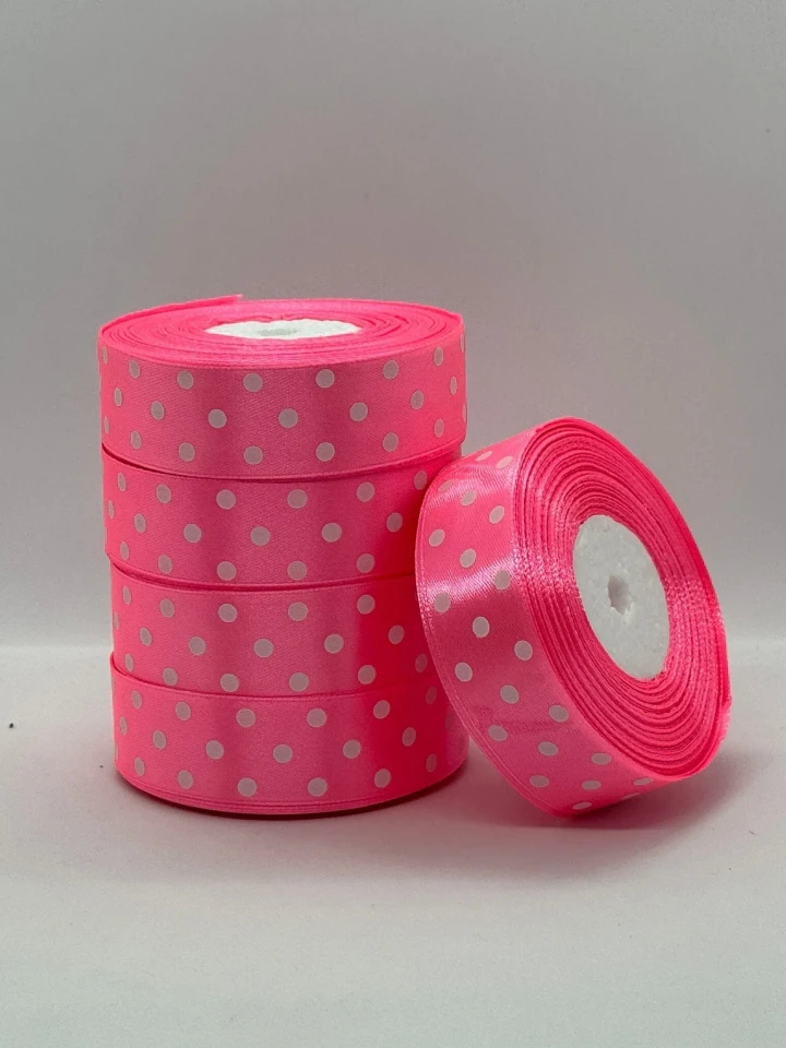 Атласна стрічка в горох 2.5 см (33 м.), 05 рожевий + білий