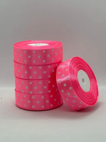 Атласная лента в горох 2.5 см (33 м.), 05 рожевий + білий