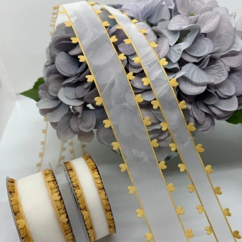 Декоративна стрічка з сердечками 2.5 см (18 м.), золото+білий