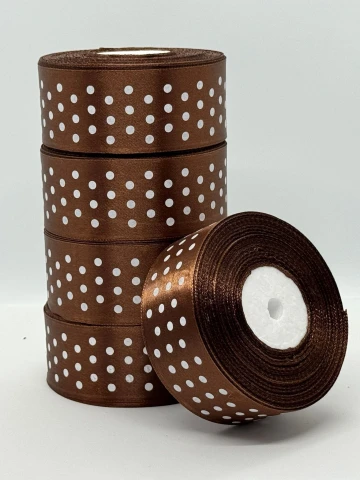 Атласная лента в горошек 4 см (33 м.), 32 коричневий + білий