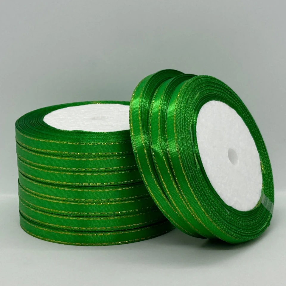 Атласная лента с люрексом 0,6 см+золото (22.75 м), 19 зелений