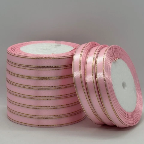 Атласна стрічка з люрекс 1 см+золото (22.75 м), 04 світло рожевий