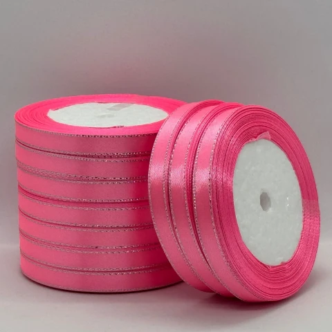 Атласна стрічка з люрекс 1 см+срібло (22.75 м), 05 рожевий