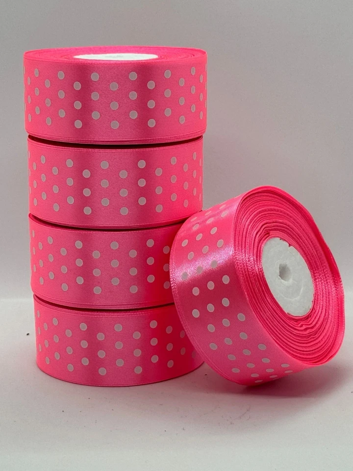 Атласная лента в горошек 4 см (33 м.), 05 рожевий + білий