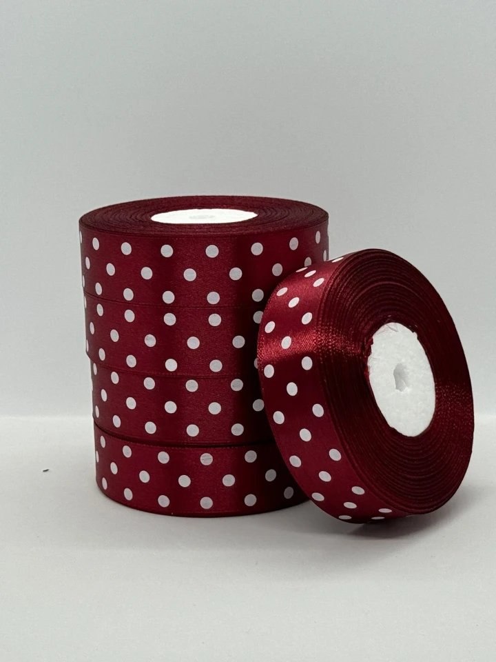 Атласная лента в горох 2.5 см (33 м.), 48 бордовий + білий