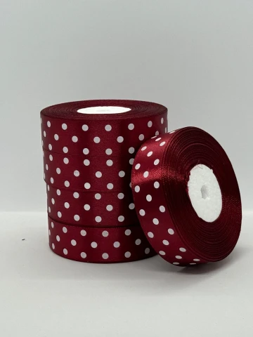 Атласная лента в горох 2.5 см (33 м.), 48 бордовий + білий