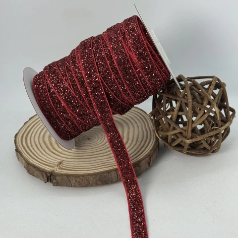 Бархатистая лента люрекс 1 см (25 ярдов/22,75 м.), 10 бордовий