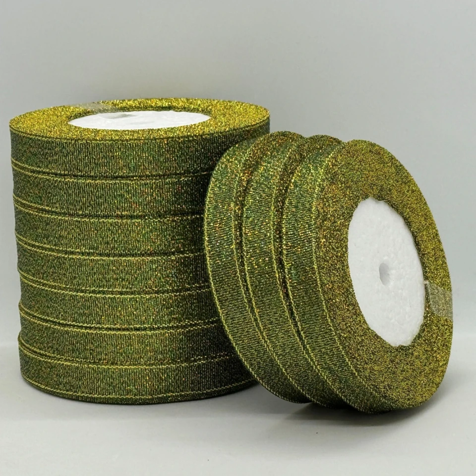 Лента парчовая 1,2 см (25 ярдов/22,75 м.), 77 темний зелений + золото