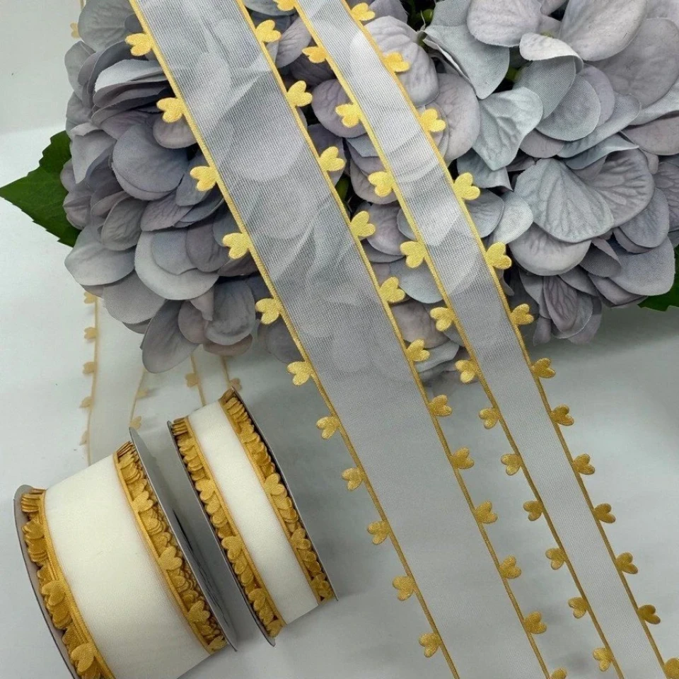 Декоративна стрічка з сердечками 2.5 см (18 м.), жовтий+білий