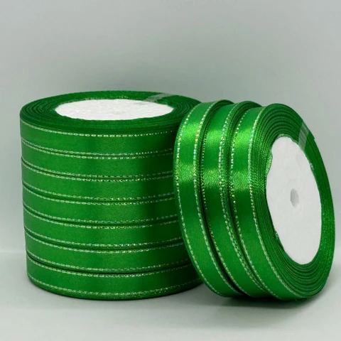 Атласна стрічка з люрекс 1 см+срібло (22.75 м), 19 зелений
