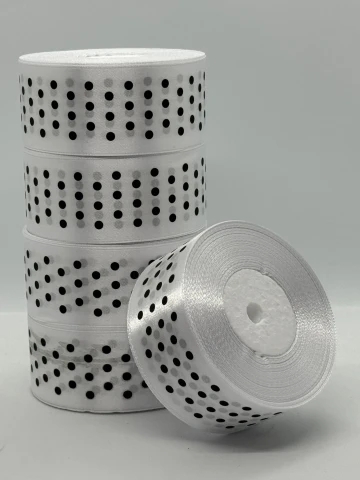 Атласная лента в горошек 4 см (33 м.), 01 білий + чорний