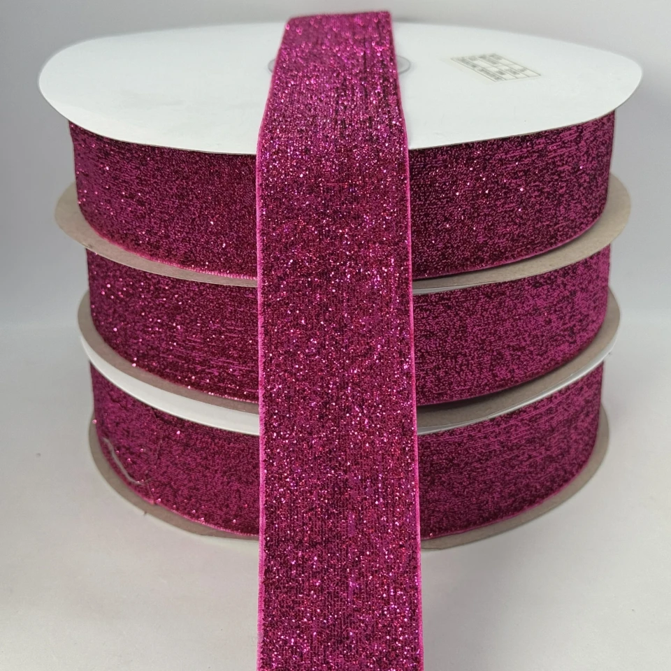 Бархатная лента люрекс 3.8 см (25 ярдов/22,75 м.), 23 малиновий