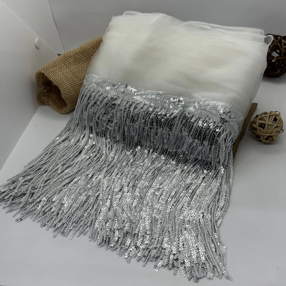 Бахрома танцевальная с пайетками на сетке «Искры страсти» 20 см (9.1 метр), 2 срібло