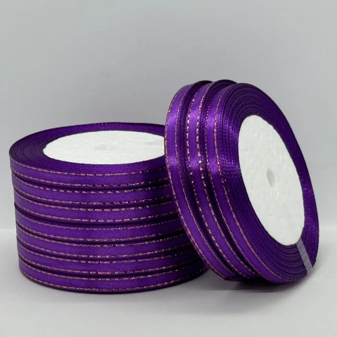 Атласна стрічка з люрекс 0,6 см+золото (22.75 м), 35 фіолетовий