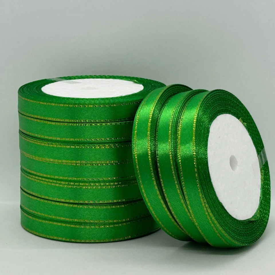 Атласна стрічка з люрекс 1 см+золото (22.75 м), 19 зелений